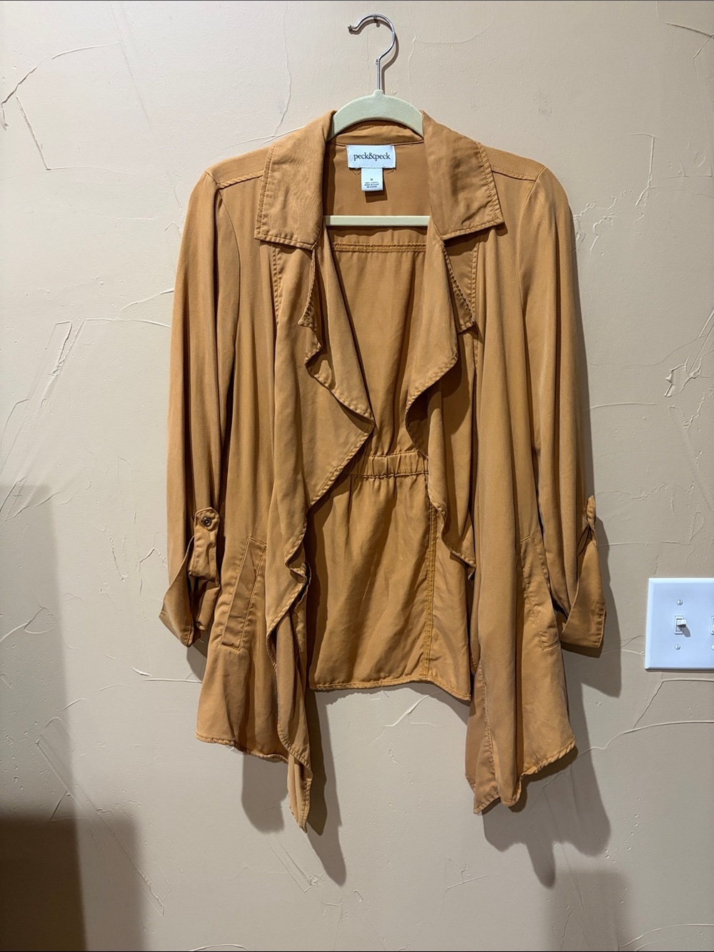 Peck & Peck Lightweight Draped Open-Front Jacket in Camel/Tan